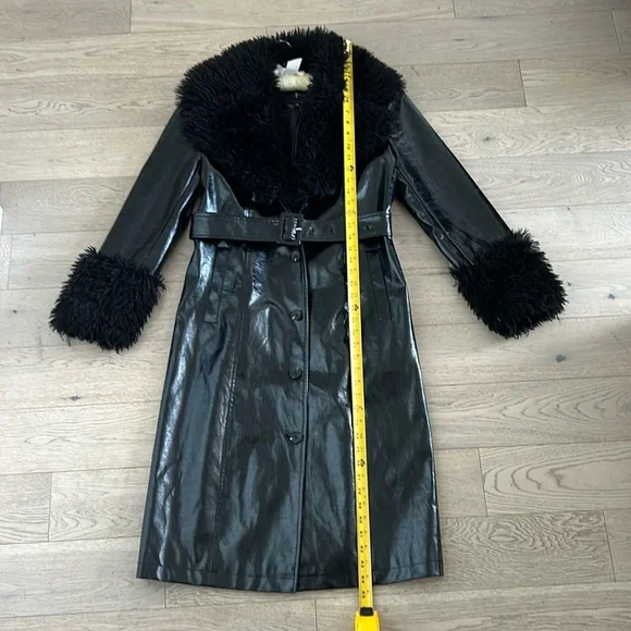 7 FOR ALL MANKIND vegan leather Patent Faux Fur Trimmed Trench Coat size M - Picture 5 of 11